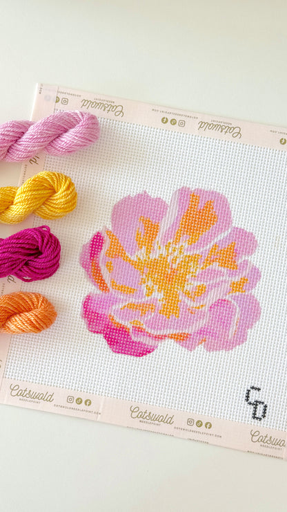 Pink Orange Blossom Flower Needlepoint Canvas, 13 Mesh, 4x4 Design