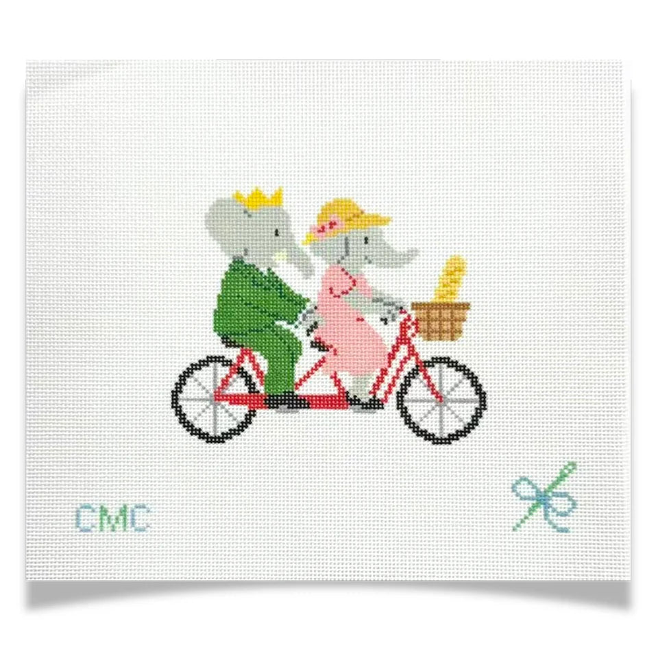 Babar & Celeste on Tandem Bike Needlepoint Canvas, 18 Mesh