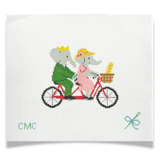Babar & Celeste on Tandem Bike Needlepoint Canvas, 18 Mesh