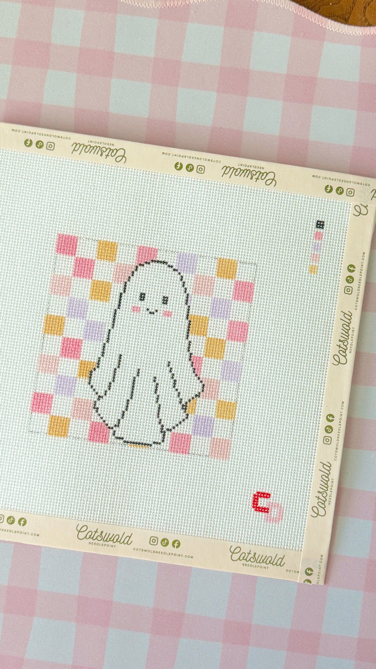 Retro Checkered Ghost Halloween Needlepoint Canvas, 18 Mesh, 4x4 Design