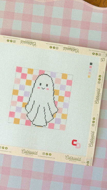 Retro Checkered Ghost Halloween Needlepoint Canvas, 18 Mesh, 4x4 Design