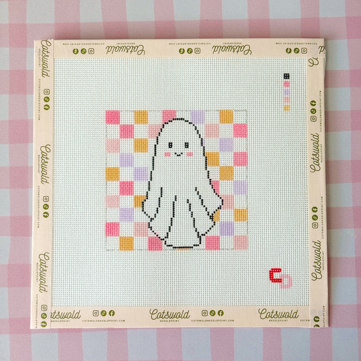 Retro Checkered Ghost Halloween Needlepoint Canvas, 18 Mesh, 4x4 Design