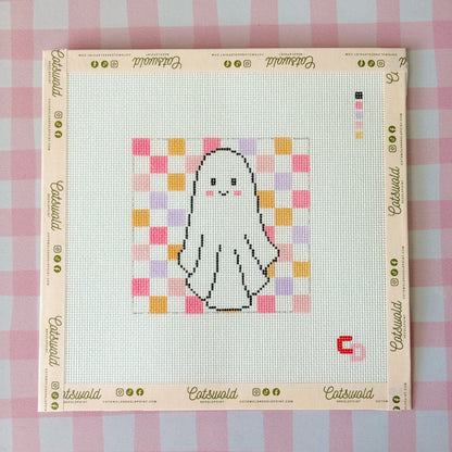 Retro Checkered Ghost Halloween Needlepoint Canvas, 18 Mesh, 4x4 Design