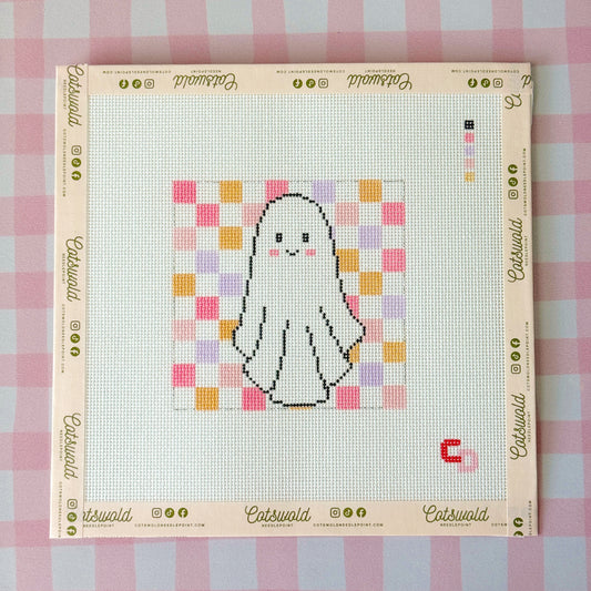 Retro Checkered Ghost Halloween Needlepoint Canvas, 18 Mesh, 4x4 Design