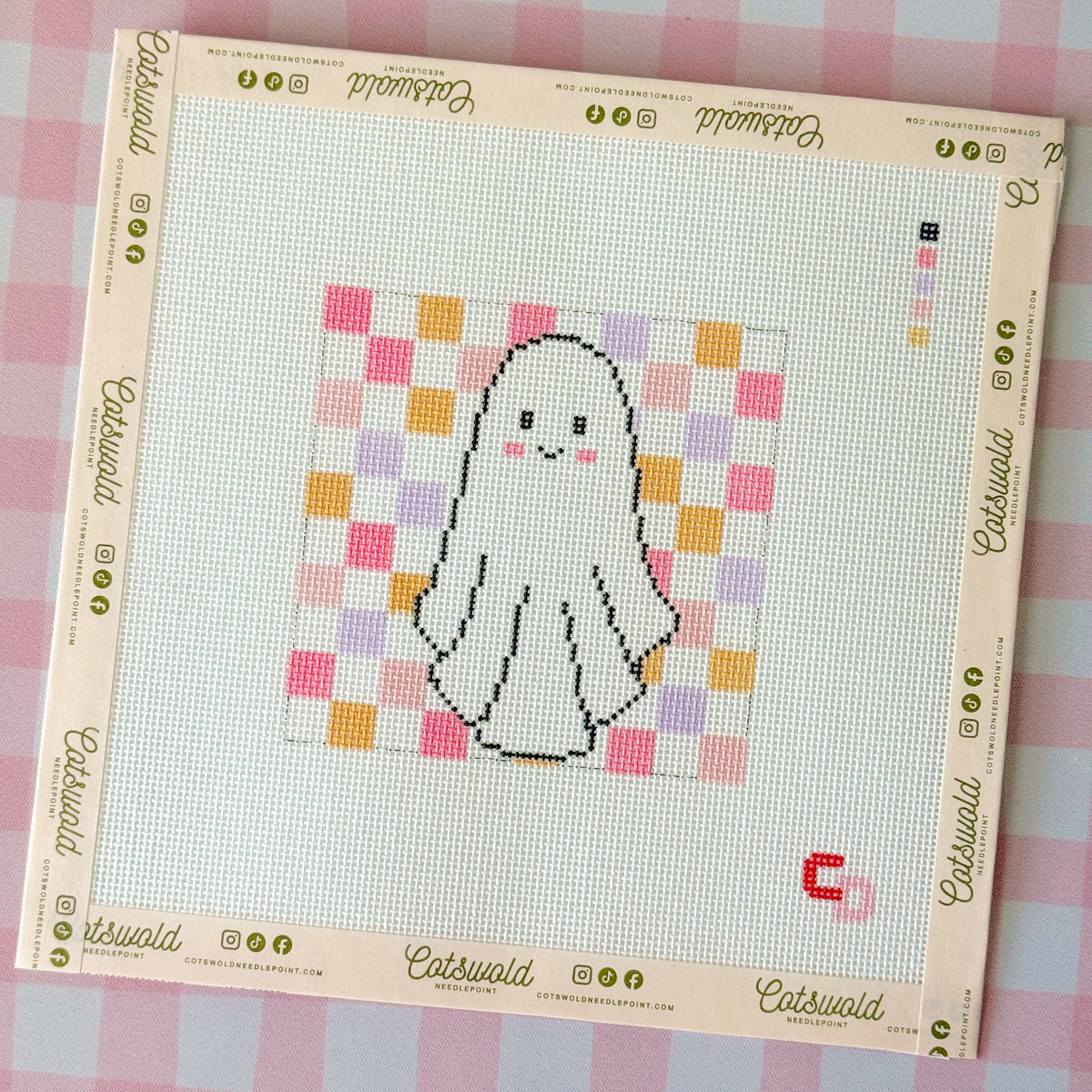 Retro Checkered Ghost Halloween Needlepoint Canvas, 18 Mesh, 4x4 Design