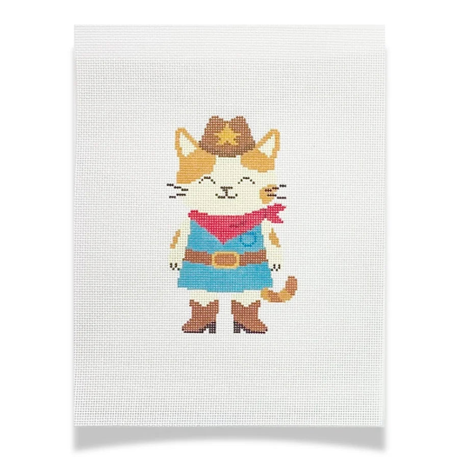 Charlie the Cowgirl Kitty Needlepoint Canvas, 18 Mesh, 5” x 2.9”  Design Size