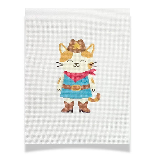 Charlie the Cowgirl Kitty Needlepoint Canvas, 18 Mesh, 5” x 2.9”  Design Size