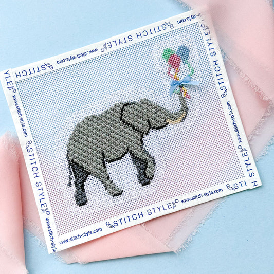 Baby Elephant with Balloons needlepoint canvas