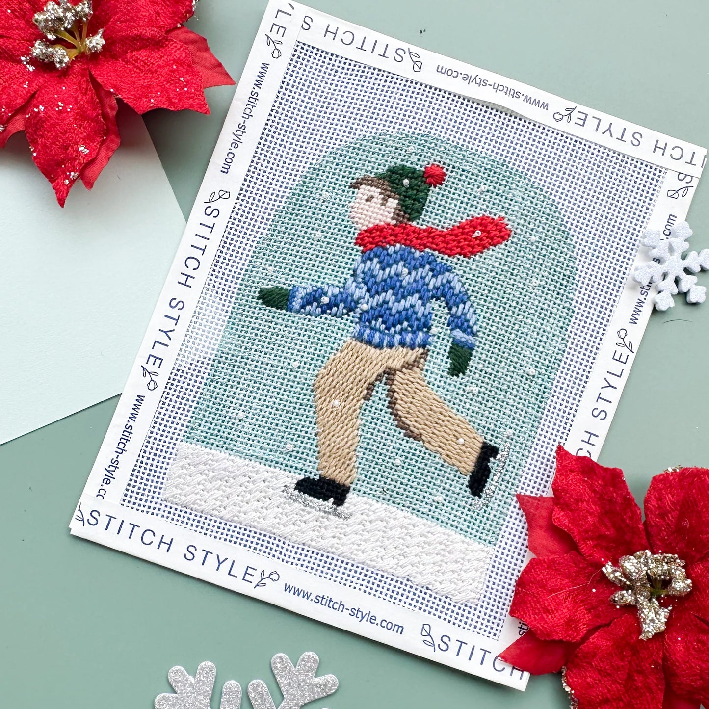 Ice Skating Boy Needlepoint Canvas, 13 Mesh, 3.5"x4.75" Design, Winter Village Needlepoint Canvas