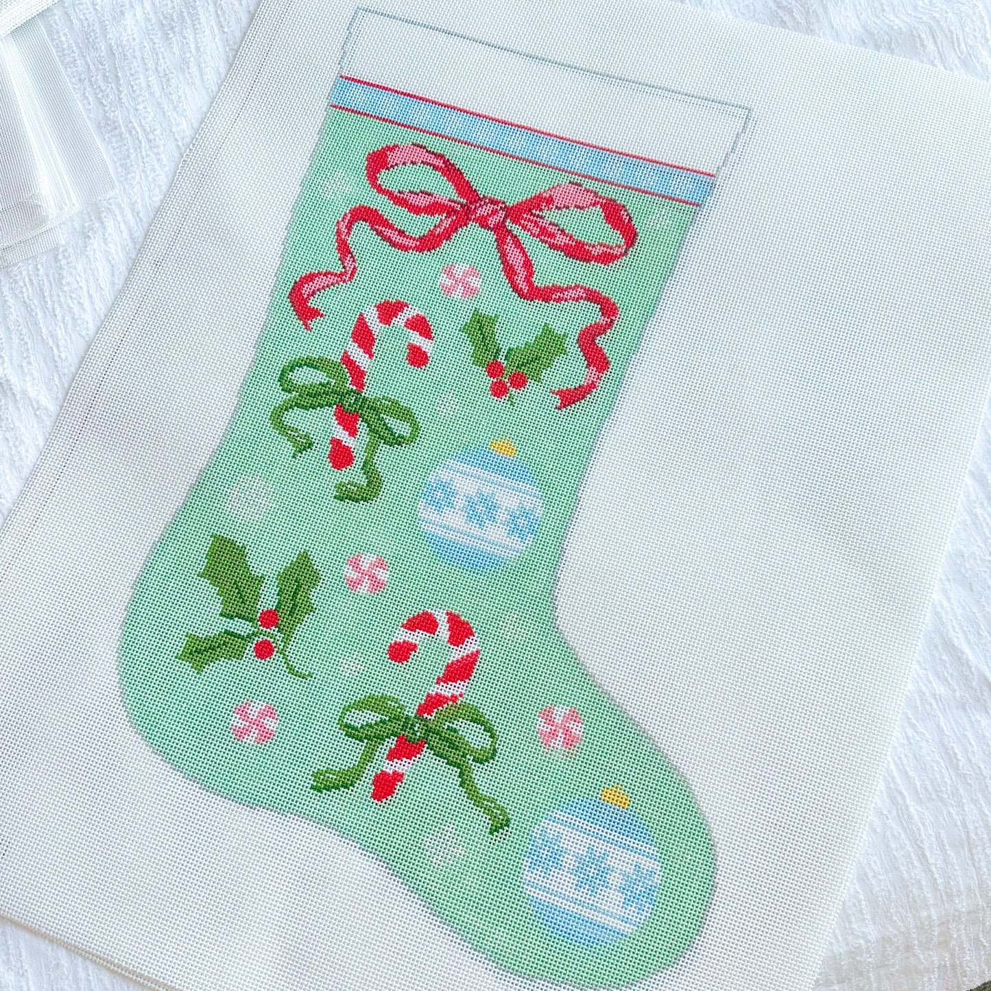 Bow and Candy Cane needlepoint stocking