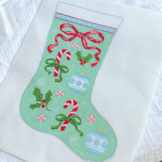 Bow and Candy Cane needlepoint stocking