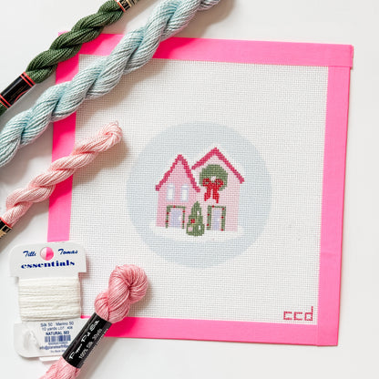 Christmas Houses Ornament Needlepoint Canvas 18 Mesh 4” Design, Christmas Round Ornament Needlepoint Canvas modern Hand Painted