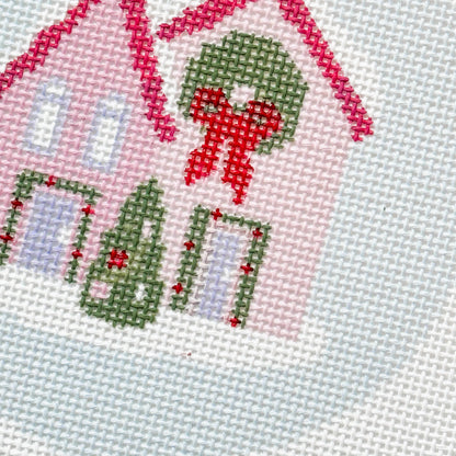 Christmas Houses Ornament Needlepoint Canvas 18 Mesh 4” Design, Christmas Round Ornament Needlepoint Canvas modern Hand Painted