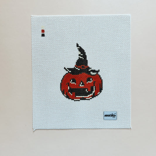 Vintage Witch Pumpkin Needlepoint Canvas, 13 Mesh, 4"x4" Design Size