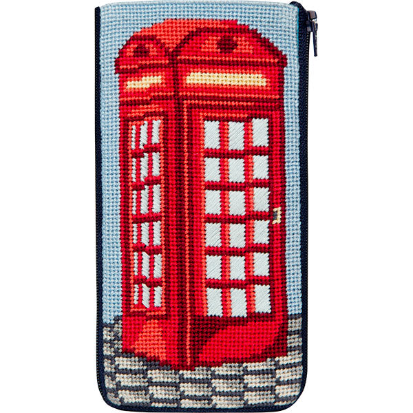 English Phone Booth Stitch & Zip needlepoint eyeglass case