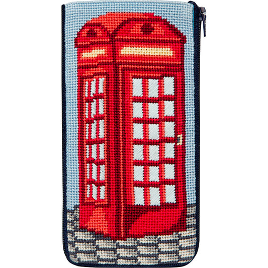English Phone Booth Stitch & Zip needlepoint eyeglass case
