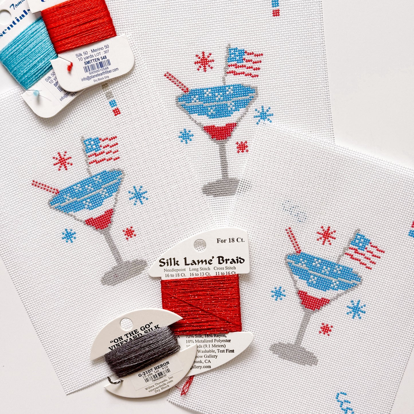 Patriotic Martini Needlepoint Canvas, Hand Painted, 18 Mesh, 2.5"x3" Design