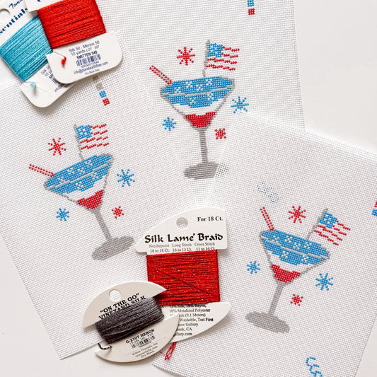 Patriotic Martini Needlepoint Canvas, Hand Painted, 18 Mesh, 2.5"x3" Design