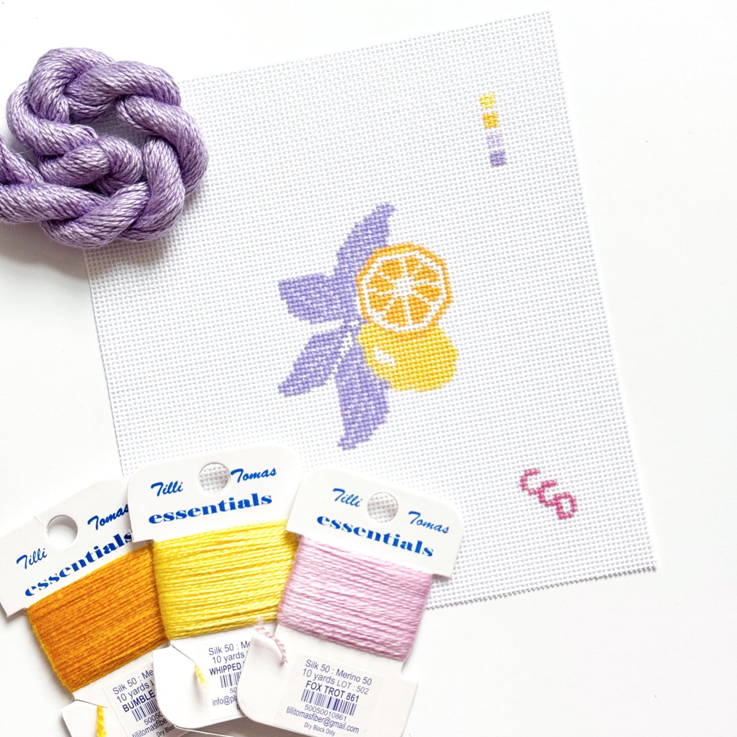 Lavender Lemon Needlepoint Canvas & Optional Thread Kit | 4″ Citrus Mini on 18-Mesh
