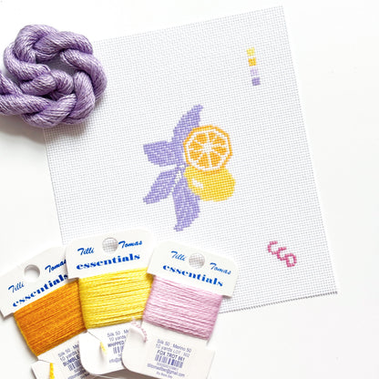 Lavender Lemon Needlepoint Canvas & Optional Thread Kit | 4″ Citrus Mini on 18-Mesh