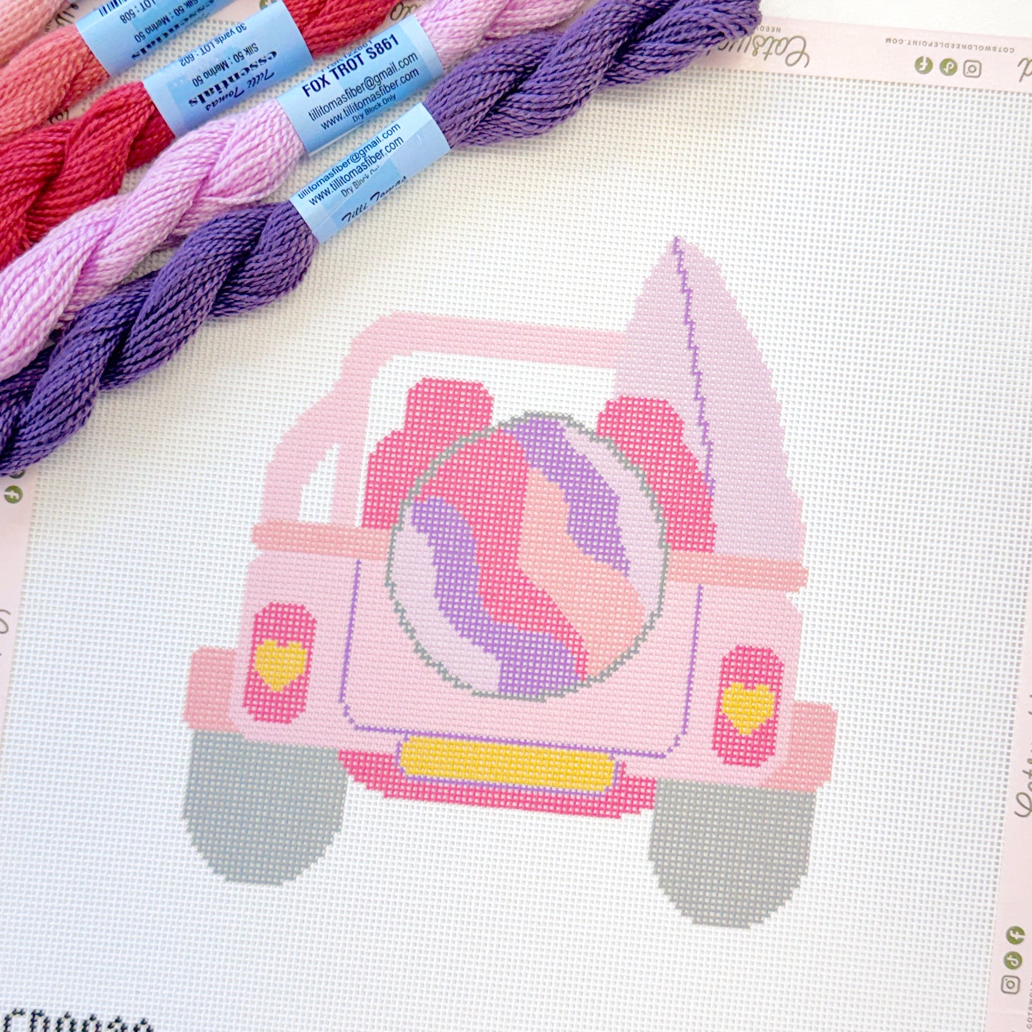Pink Jeep with Surfboard Needlepoint Canvas, Summer Needlepoint, 18 Mesh, 6.5"x6" Design