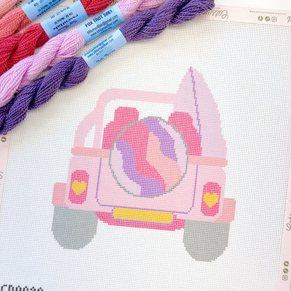 Pink Jeep with Surfboard Needlepoint Canvas, Summer Needlepoint, 18 Mesh, 6.5"x6" Design