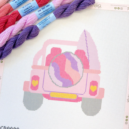 Pink Jeep with Surfboard Needlepoint Canvas, Summer Needlepoint, 18 Mesh, 6.5"x6" Design