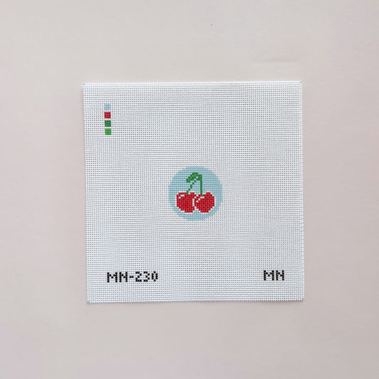 Cherries on Blue Mini Needlepoint Canvas, 18 Mesh, 1.5" Round