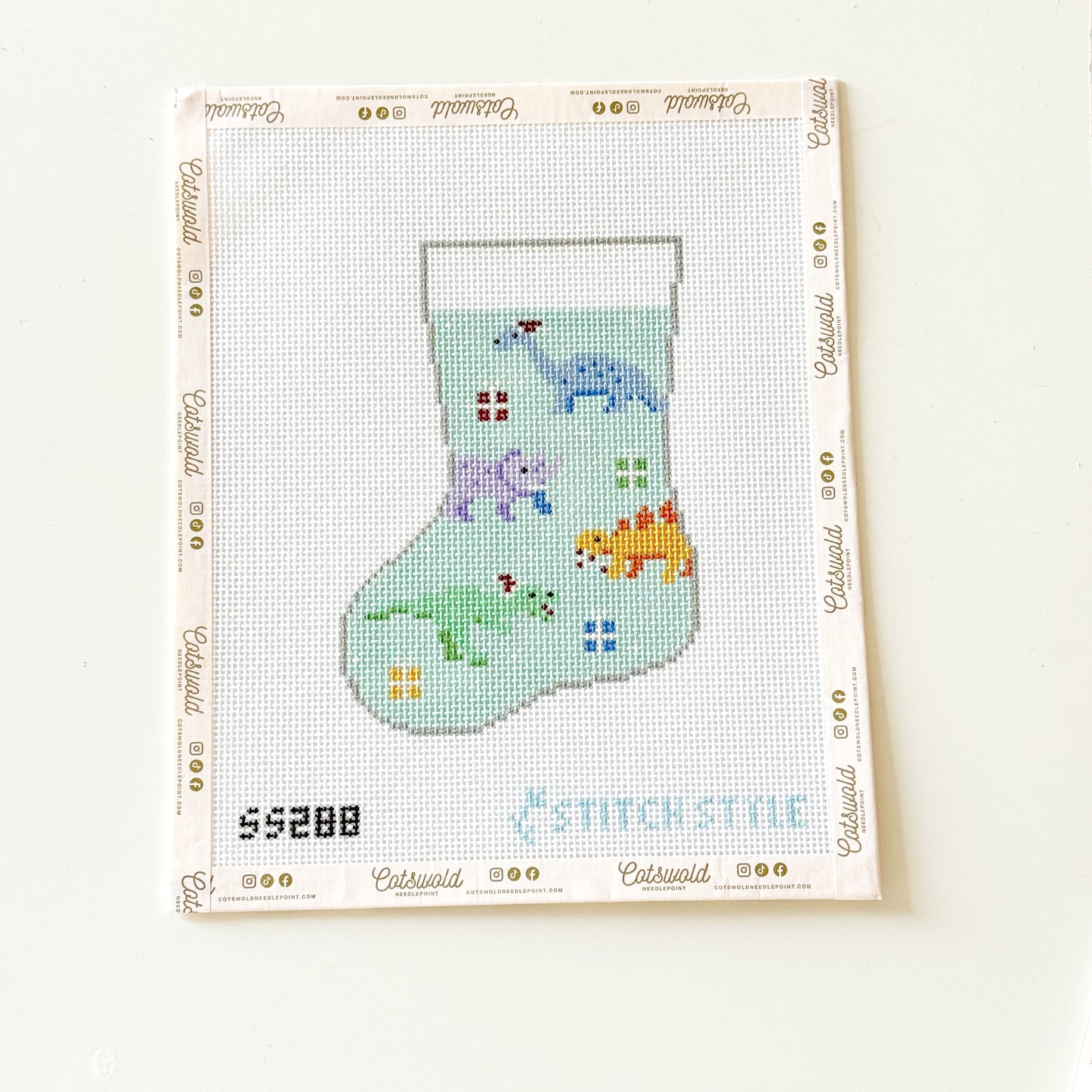 Blue Dinosaurs Mini Stocking Christmas Needlepoint Canvas, 13 Mesh, 4.5x6 Design