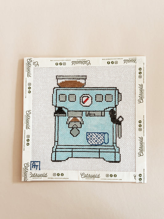 Blue Espresso Machine Needlepoint Canvas, 18 Mesh