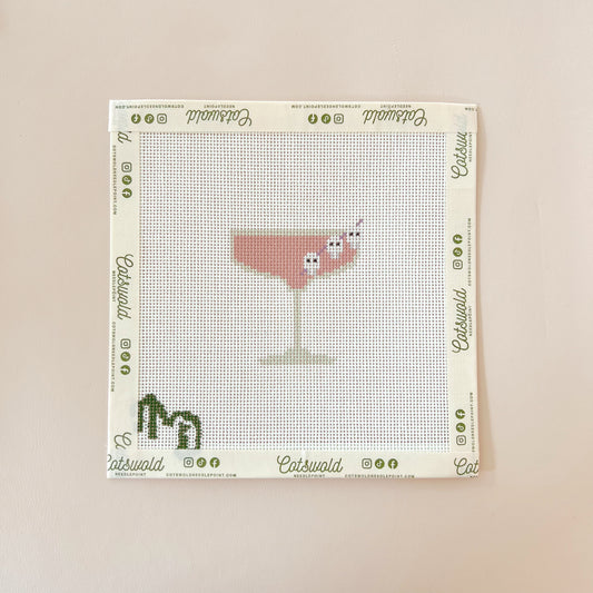 Pink Halloween Skeleton Cocktail Needlepoint Canvas, 18 mesh
