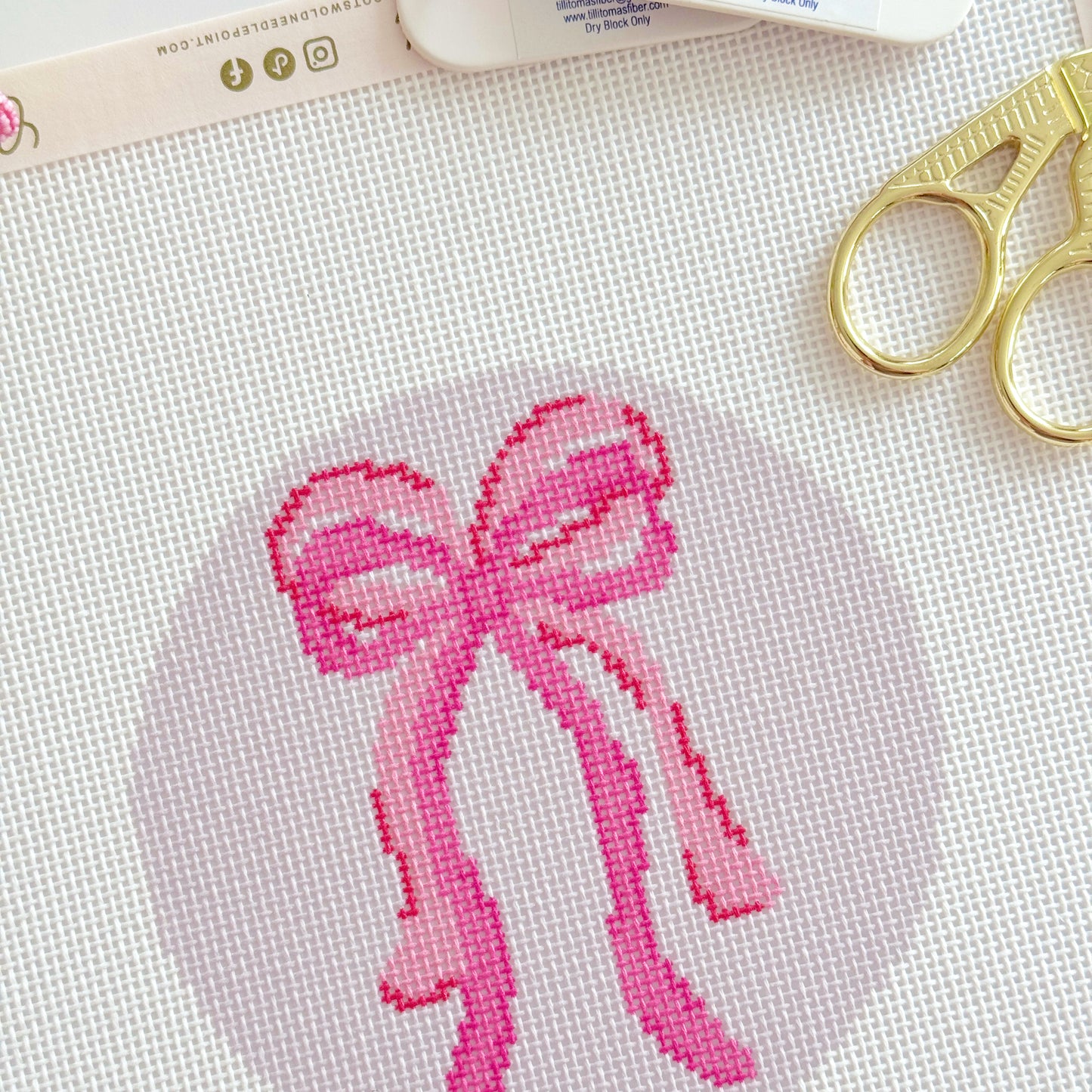 Bow Coquette Christmas Ornament Needlepoint Canvas, Hand Painted Needlepoint Ornament Canvas, Bow Needlepoint Canvas 18 mesh 4" Round
