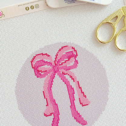 Bow Coquette Christmas Ornament Needlepoint Canvas, Hand Painted Needlepoint Ornament Canvas, Bow Needlepoint Canvas 18 mesh 4" Round