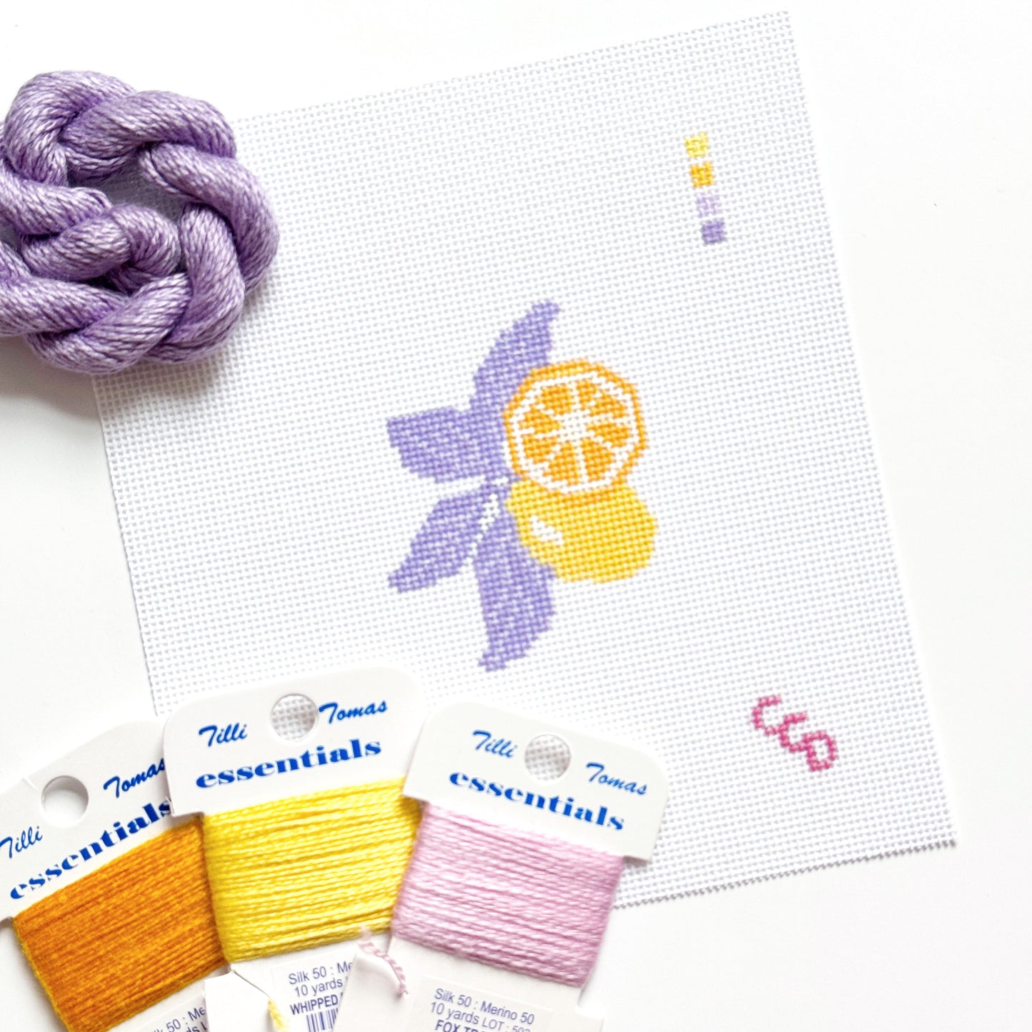 Lavender Lemon Needlepoint Canvas & Optional Thread Kit | 4″ Citrus Mini on 18-Mesh