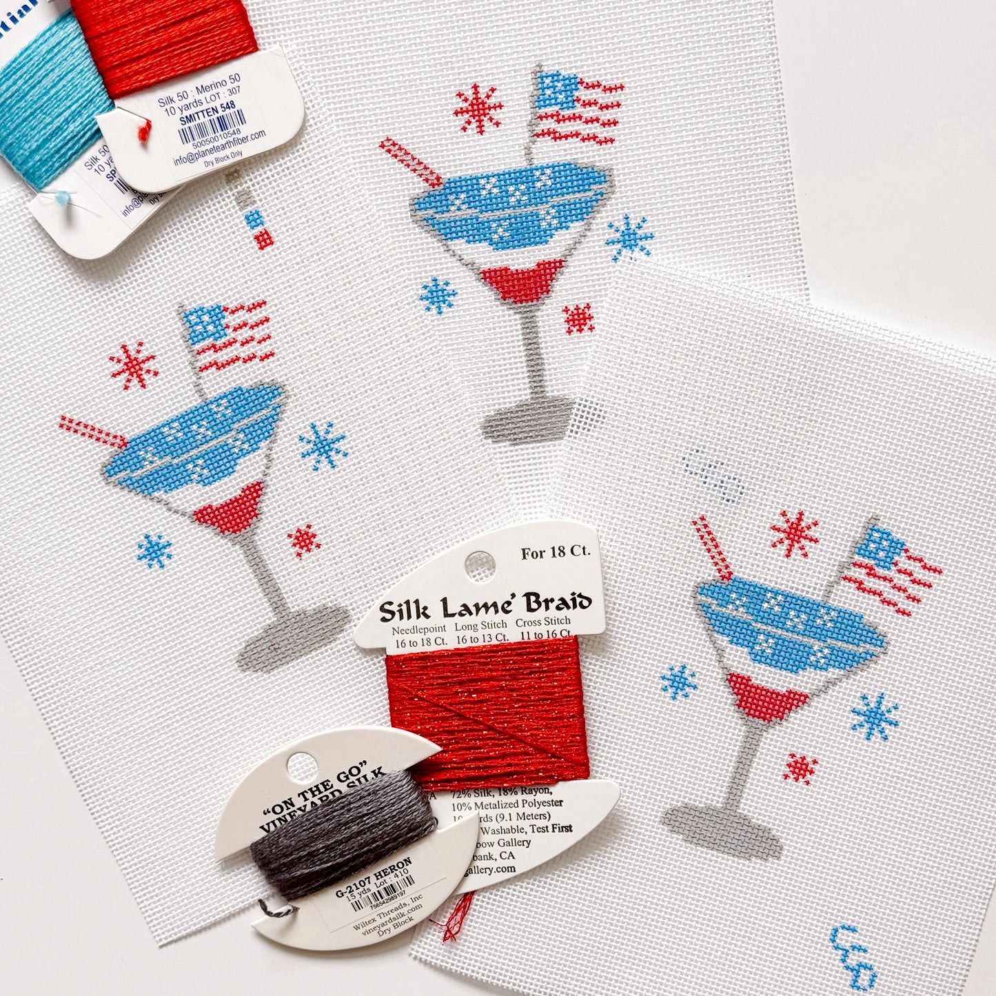 Patriotic Martini Needlepoint Canvas, Hand Painted, 18 Mesh, 2.5"x3" Design