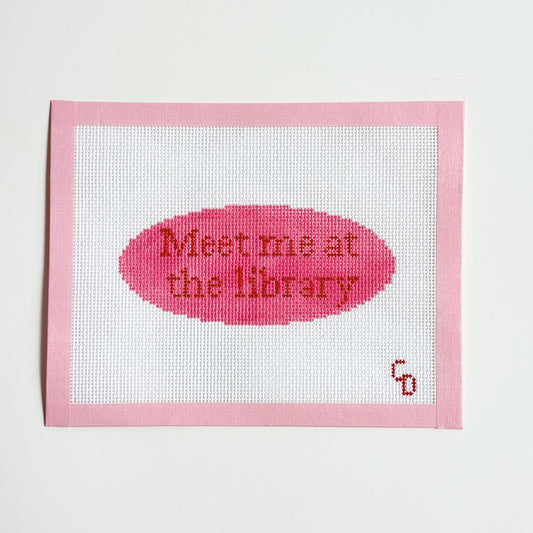Meet Me At the Library Oval Sign Needlepoint Canvas, 18 Mesh, 6”x3” Design