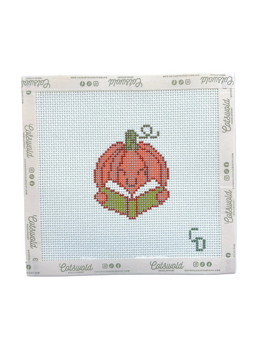 Pumpkin Reading Needlepoint Canvas, 13 Mesh, ~3"x3" Design Size
