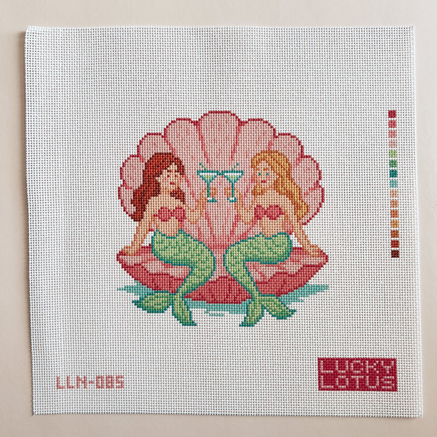 Large Mermaids in a Clam Needlepoint Canvas, 13 Mesh, 6.7" × 6.4" Design Size