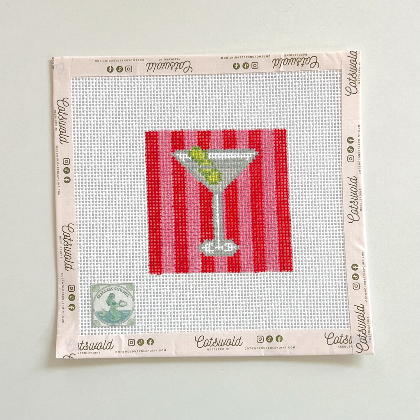 Olive Martini with Pink and Red Stripes Needlepoint Canvas, 13 Mesh 3.5"x3.5" Design Size