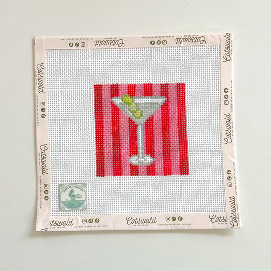 Olive Martini with Pink and Red Stripes Needlepoint Canvas, 13 Mesh 3.5"x3.5" Design Size