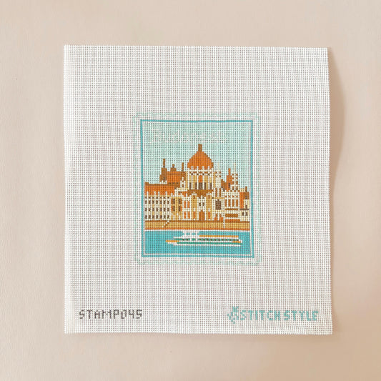 Budapest Travel Stamp Needlepoint Canvas, 18 Mesh, 4" x 4.5" Design Size