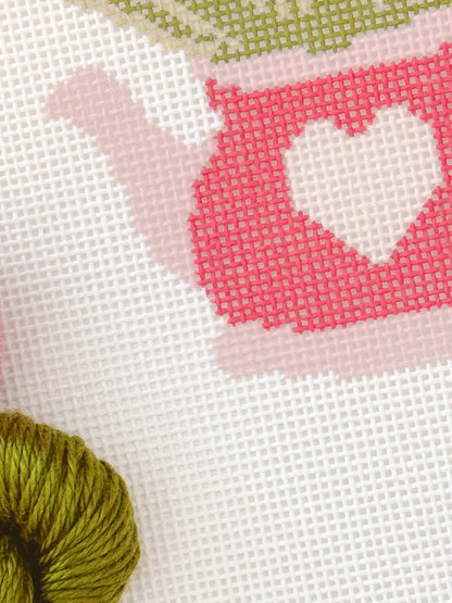 Heart Flower Teapot Needlepoint Canvas, Valentine's Day Needlepoint Canvas, 3”x4" Needlepoint Canvas