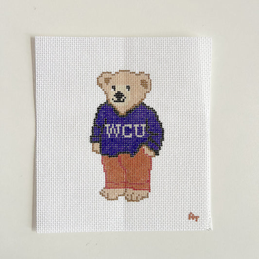 Western Purple College Sweater Bear Needlepoint Canvas, 18 Mesh, 4.5" x2.5" Design Size