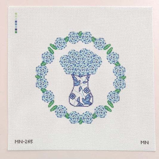 Blue Porcelain Blooms Hydrangea Wreath Needlepoint Canvas, 18 Mesh, 7.5”x7.7” Design Size