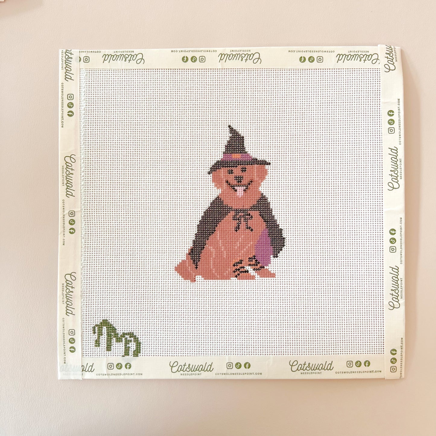 Murphy Golden Retriever in Witch Costume Needlepoint Canvas, 18 Mesh