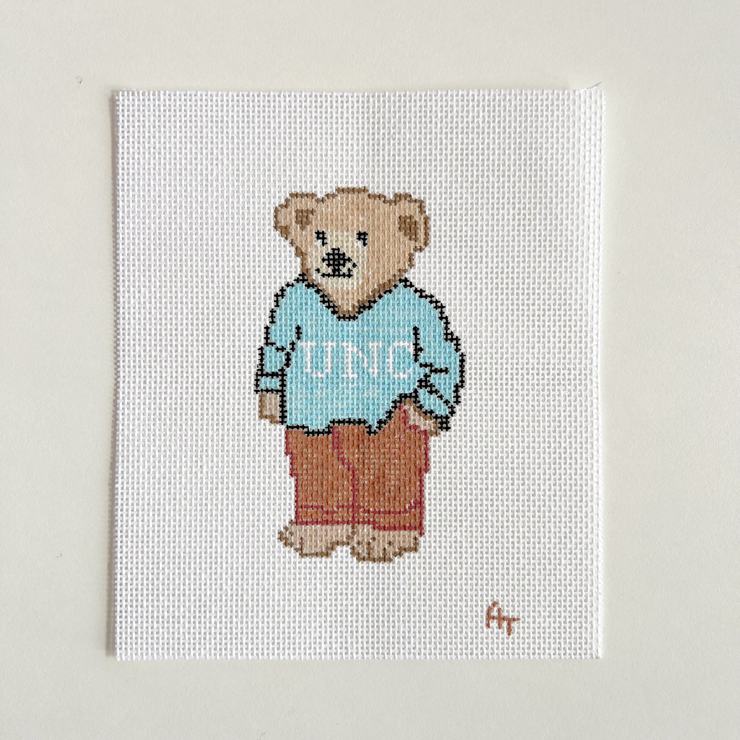Light Blue NC College Sweater Bear Needlepoint Canvas, 18 Mesh, 4.5" x2.5" Design Size