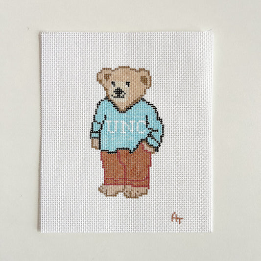 Light Blue NC College Sweater Bear Needlepoint Canvas, 18 Mesh, 4.5" x2.5" Design Size