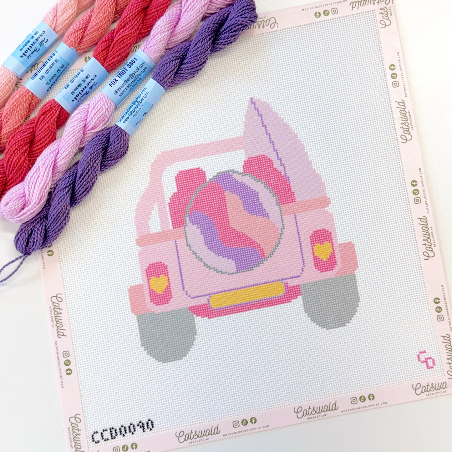 Pink Jeep with Surfboard Needlepoint Canvas, Summer Needlepoint, 18 Mesh, 6.5"x6" Design