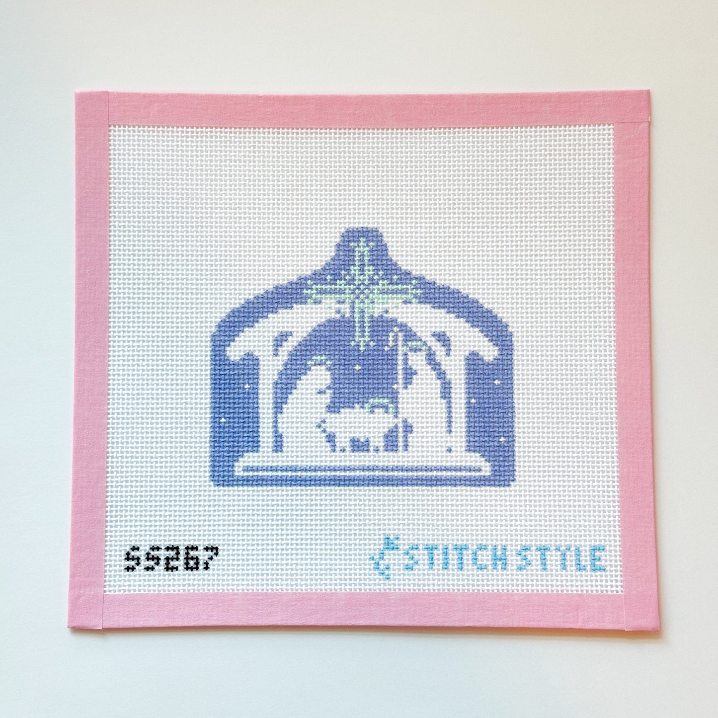 Blue and White Nativity Scene Christmas Needlepoint Canvas, 5x4 Design, 13 Mesh