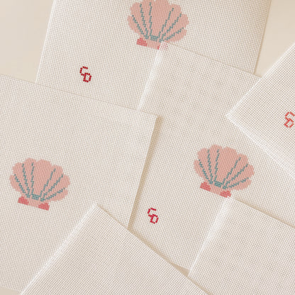 Mini Pink Seashell Stamp Needlepoint Canvas | Hand-Painted 18 Mesh Canvas, Seashell Needlepoint Canvas, Bag Charm Needlepoint Canvas
